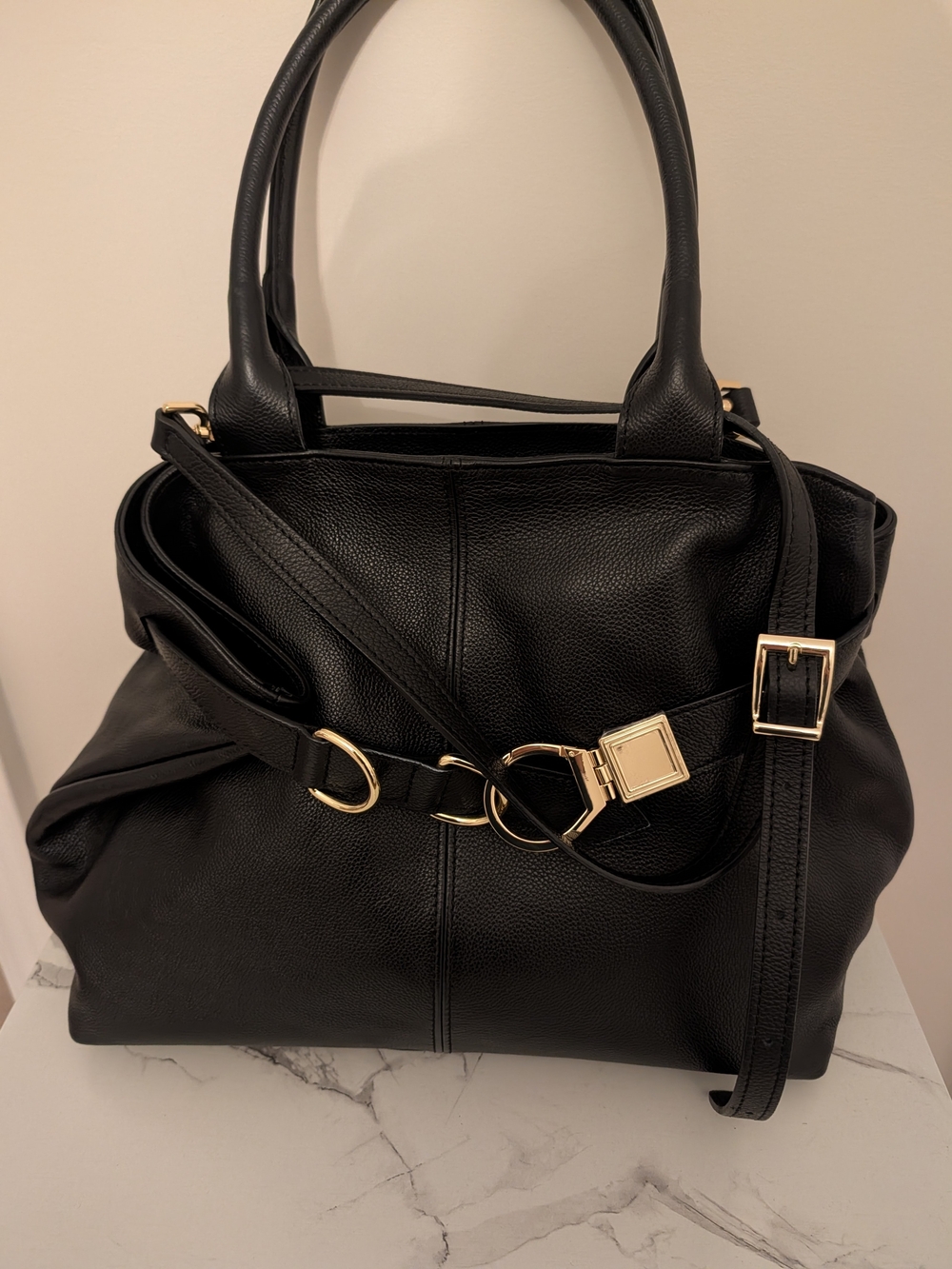 Classic Black Leather Tote with Gold Hardware